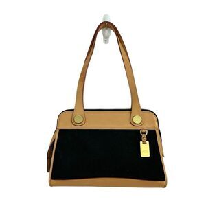 Vintage Dooney & Bourke Black Canvas & Naked Tan Leather East West‎ Carpet Bag